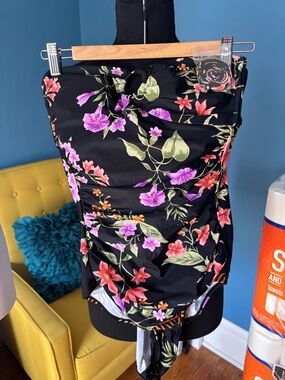 Black Floral One-Piece Swimsuit with Purple & Pink Blooms size medium new